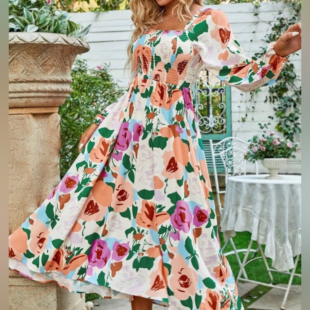 Floral Print Shirred Bishop Sleeve Square Neck A-Line Dress - size Medium